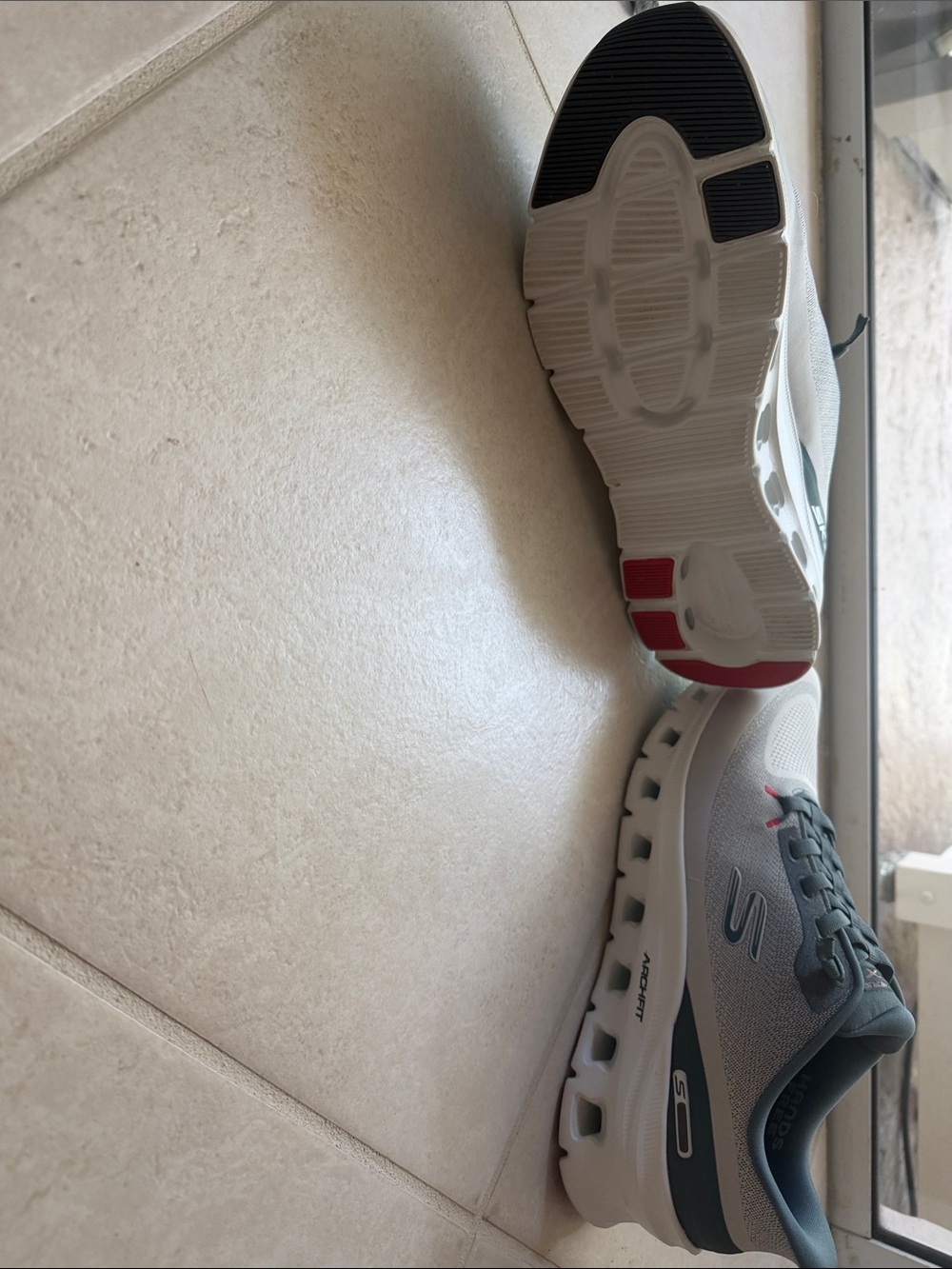 Skechers Gray White Athletic Sneakers with Red Accents